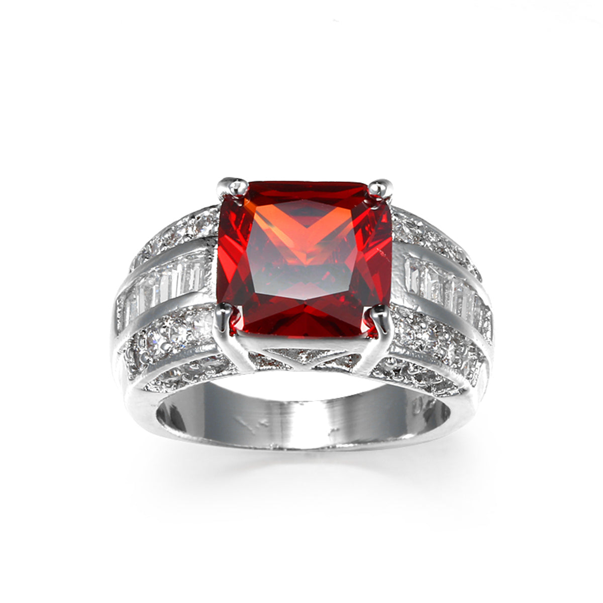 Red Crystal and Cubic Zirconia Princess-Cut Ring, statement rings for women, dainty minimalist design, side view