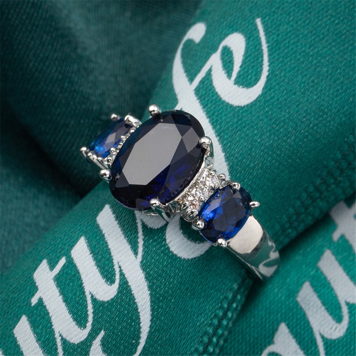 Navy Crystal & Silver-Plated Triple Oval Ring