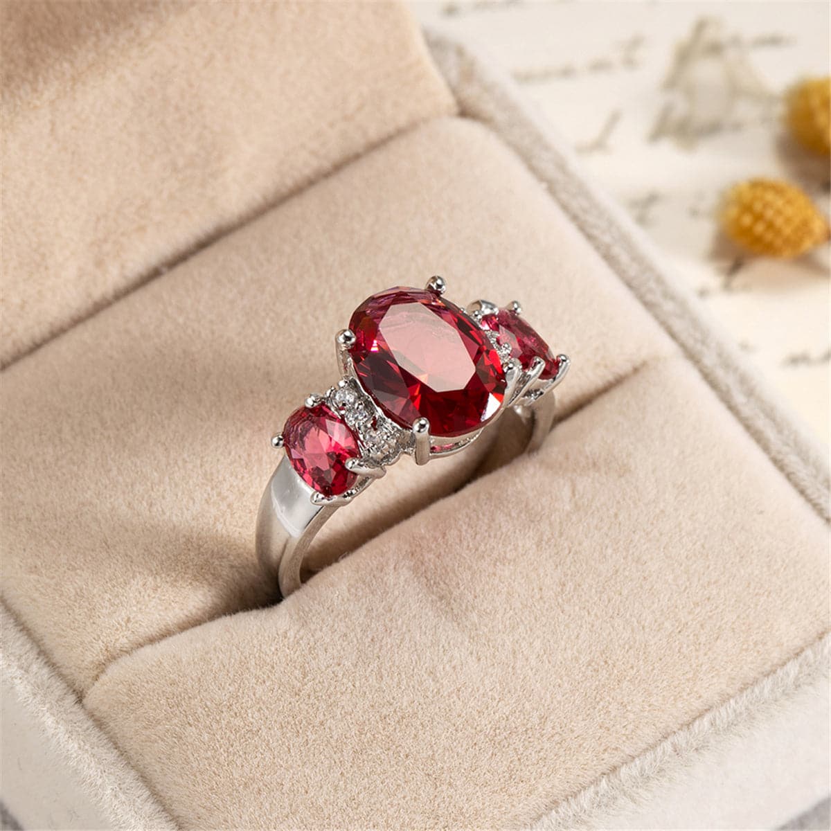 Rose Crystal & Polatinum-Plated Three-Stone Ring