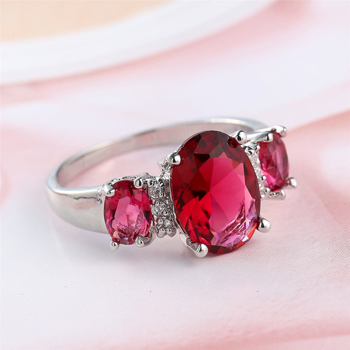 Rose Crystal and Polatinum-Plated Three-Stone Ring, statement rings for women, elegant gift for her, front view