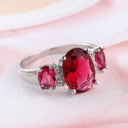 Rose Crystal and Polatinum-Plated Three-Stone Ring, statement rings for women, elegant gift for her, front view