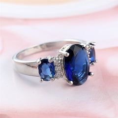 Navy Crystal & Silver-Plated Triple Oval Ring