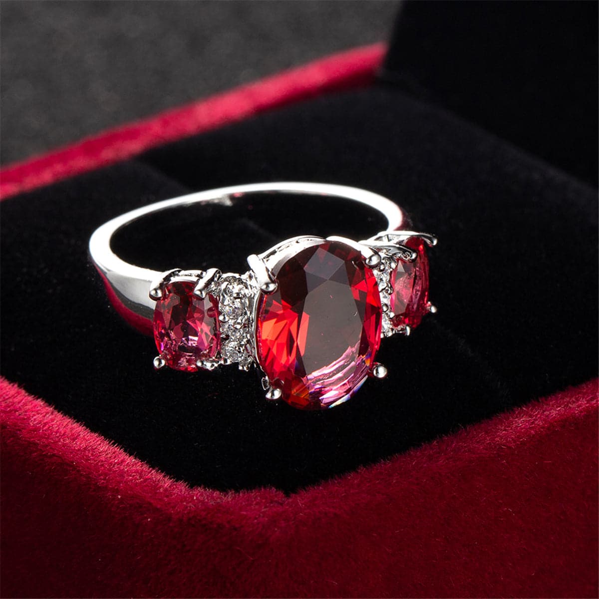 Rose Crystal and Polatinum-Plated Three-Stone Ring, statement rings for women, elegant gift for her, lifestyle look