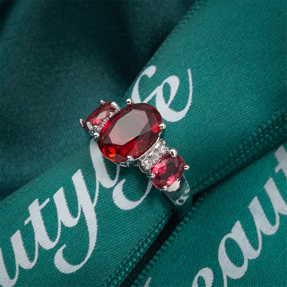 Rose Crystal and Polatinum-Plated Three-Stone Ring, statement rings for women, elegant gift for her, styled look