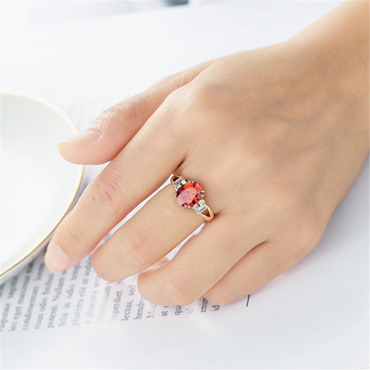 Red Crystal & Cubic Zirconia 18K Gold-Plated Baguette Oval Ring
