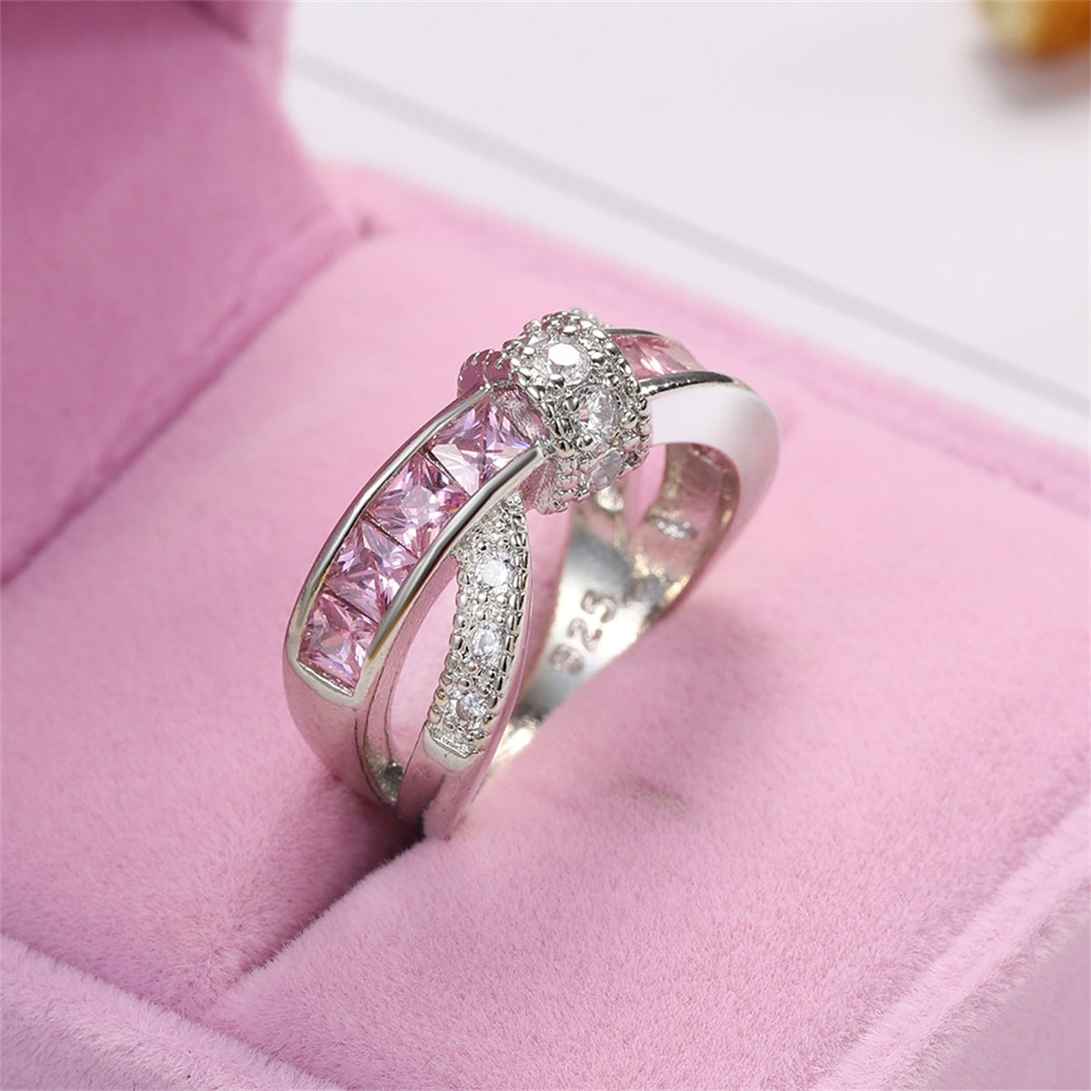 Pink Crystal and Cubic Zirconia Openwork Twist Princess-Cut Ring, statement rings for women, lifestyle look