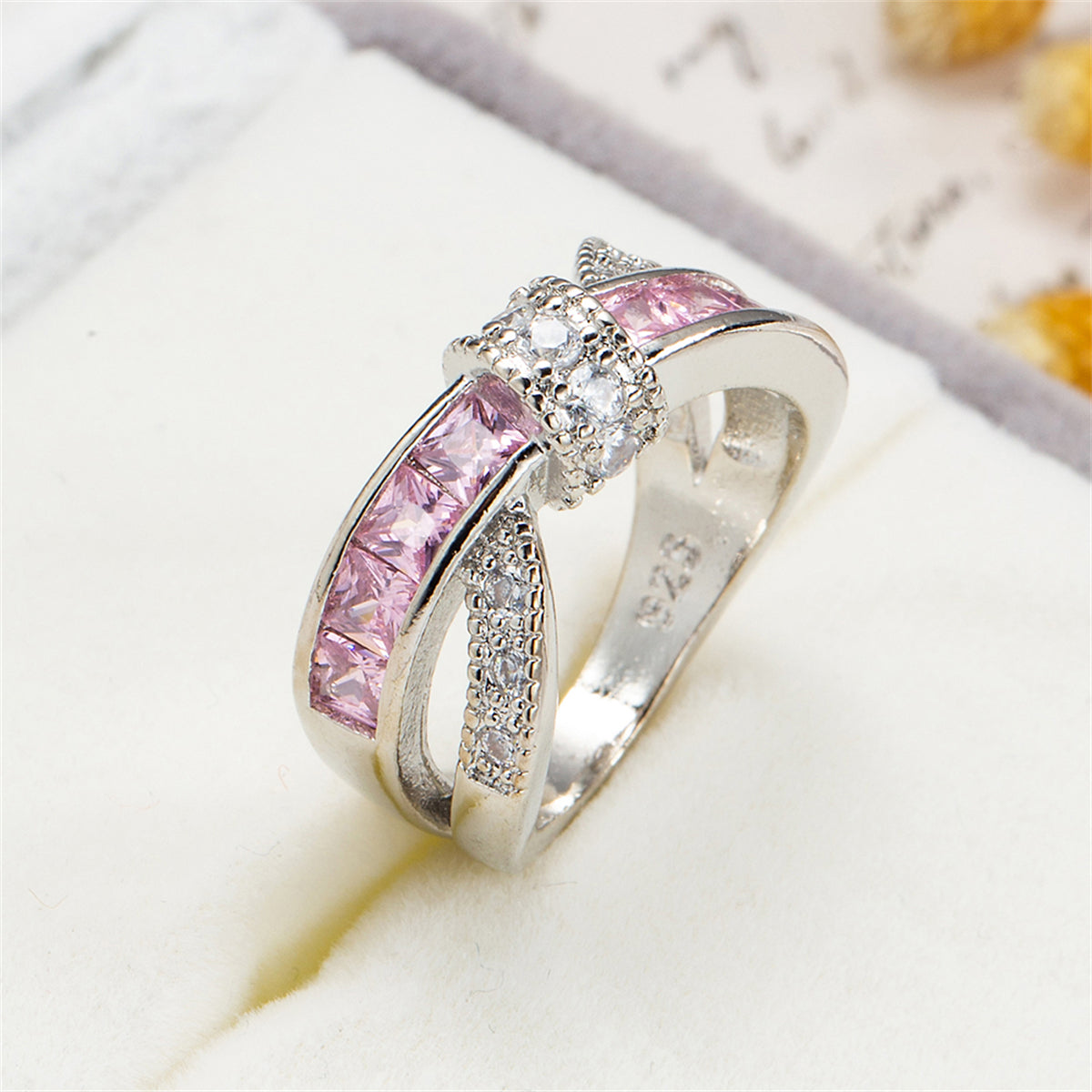 Pink Crystal and Cubic Zirconia Openwork Twist Princess-Cut Ring, statement rings for women, elegant gift for her, front view