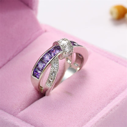 Purple Crystal and Cubic Zirconia Openwork Twist Princess-Cut Ring, statement rings for women, lifestyle look