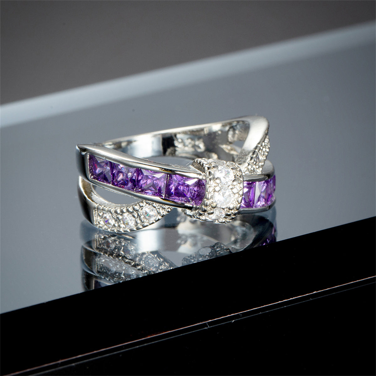 Purple Crystal and Cubic Zirconia Openwork Twist Princess-Cut Ring, statement rings for women, front view