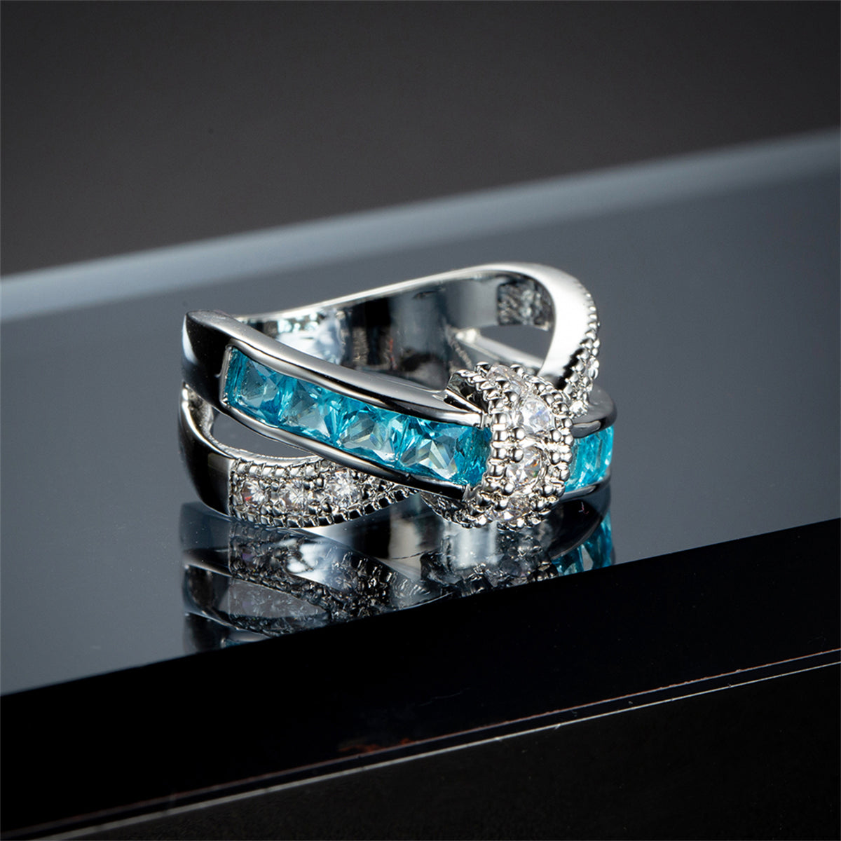 Sea Blue Crystal & Cubic Zirconia Openwork Twist Princess-Cut Ring