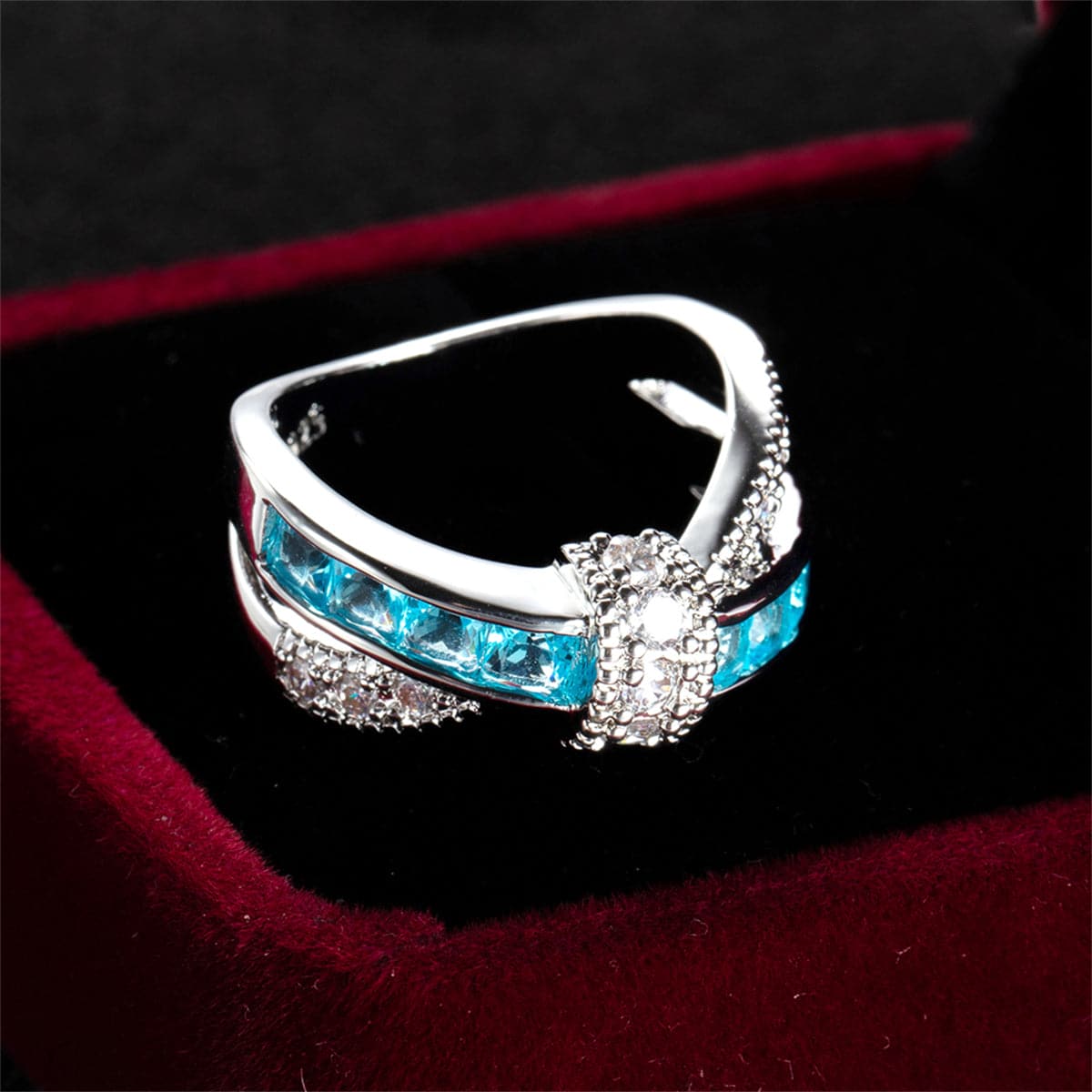 Sea Blue Crystal & Cubic Zirconia Openwork Twist Princess-Cut Ring