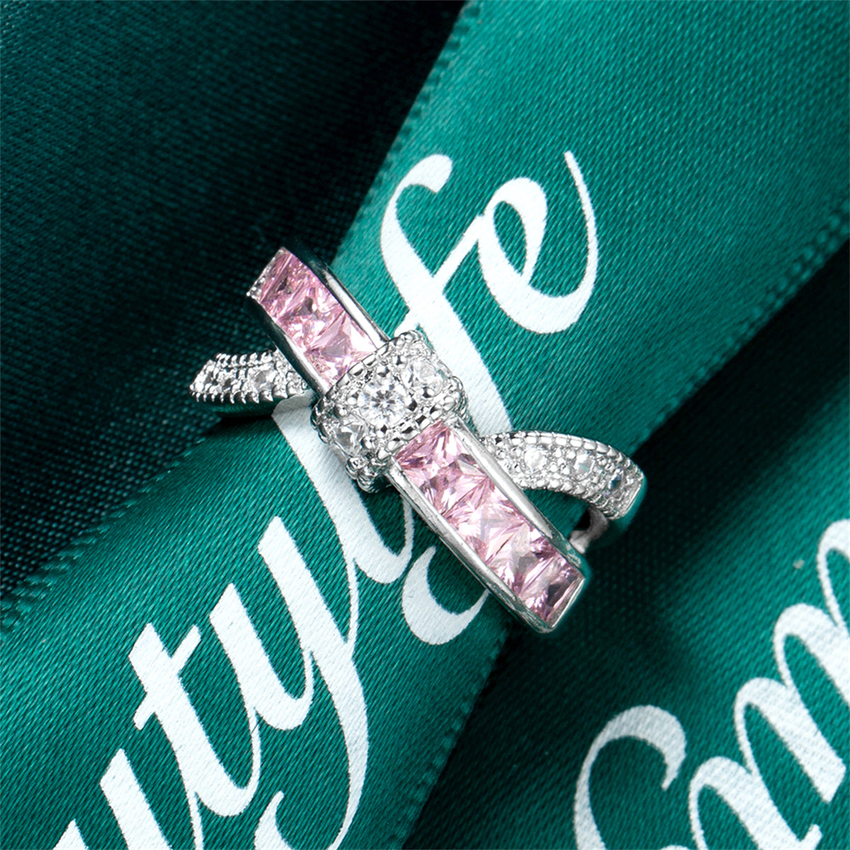 Pink Crystal and Cubic Zirconia Openwork Twist Princess-Cut Ring, statement rings for women, detail close-up