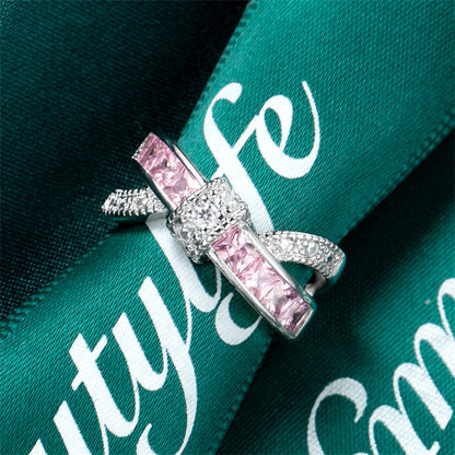 Pink Crystal and Cubic Zirconia Openwork Twist Princess-Cut Ring, statement rings for women, detail close-up