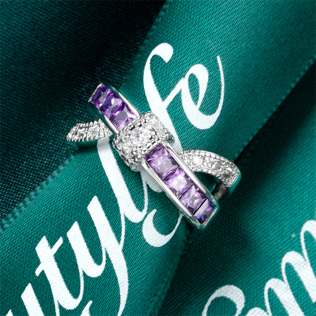Purple Crystal and Cubic Zirconia Openwork Twist Princess-Cut Ring, statement rings for women, side view
