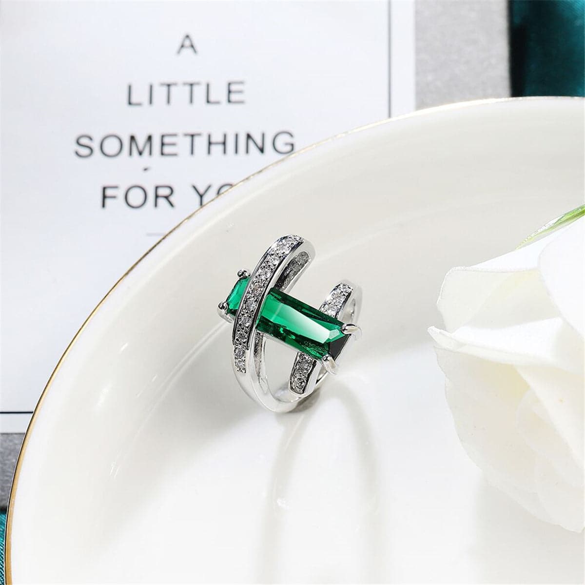 Dark Green Crystal and Cubic Zirconia Bypass Ring, statement rings for women, botanical inspired, side view