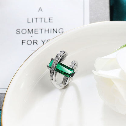 Dark Green Crystal and Cubic Zirconia Bypass Ring, statement rings for women, botanical inspired, side view
