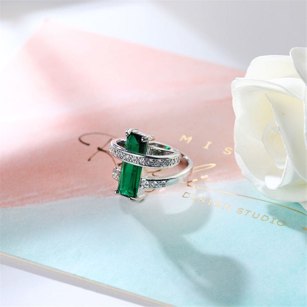 Dark Green Crystal and Cubic Zirconia Bypass Ring, statement rings for women, botanical inspired, detail close-up