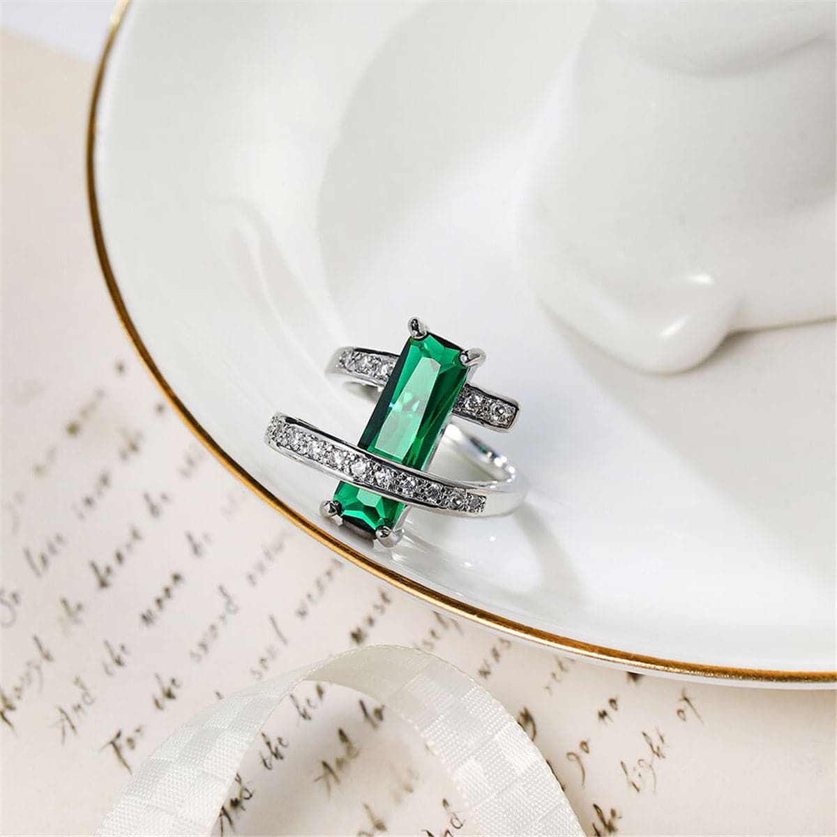 Dark Green Crystal and Cubic Zirconia Bypass Ring, statement rings for women, botanical inspired, lifestyle look