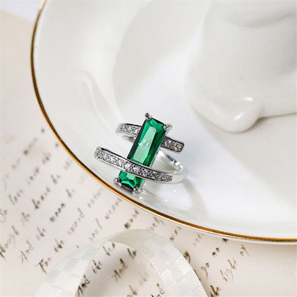 Dark Green Crystal and Cubic Zirconia Bypass Ring, statement rings for women, botanical inspired, lifestyle look