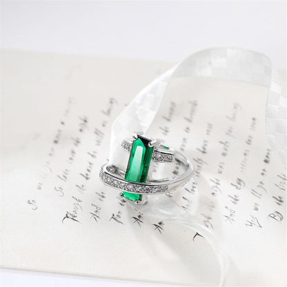 Dark Green Crystal and Cubic Zirconia Bypass Ring, statement rings for women, botanical inspired, styled look