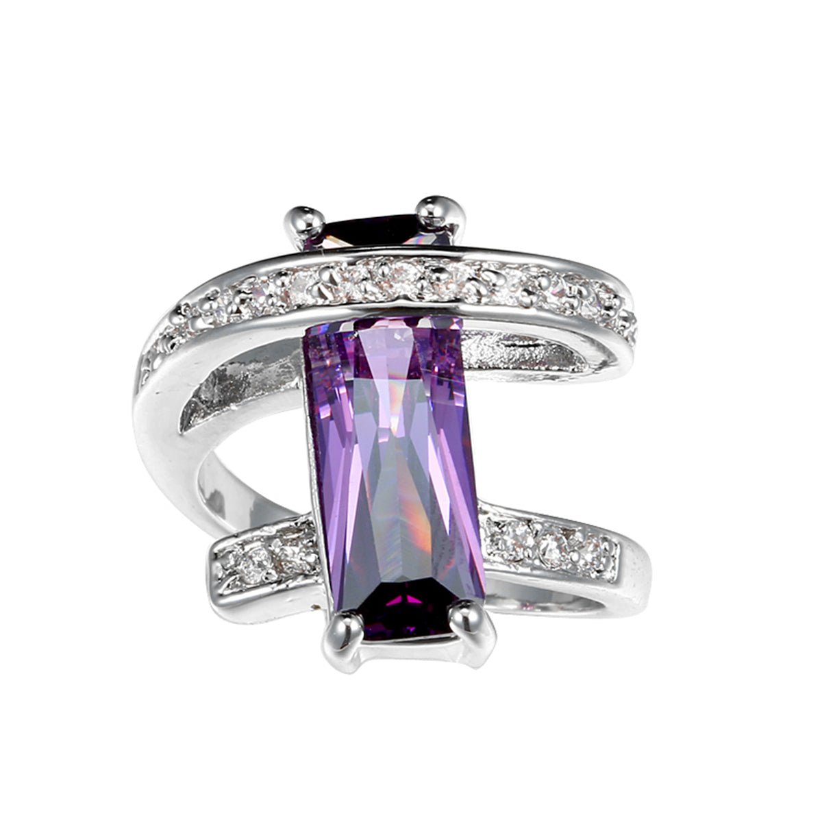 Purple Crystal and Cubic Zirconia Pavé Wrap Baguette-Cut Ring, statement rings for women, botanical inspired, front view