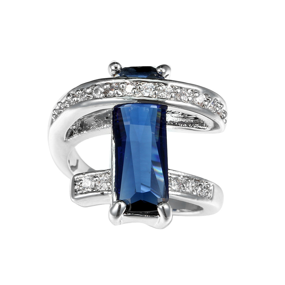 Navy Crystal and Cubic Zirconia Pavé Wrap Baguette-Cut Ring, statement rings for women, elegant gift for her, front view