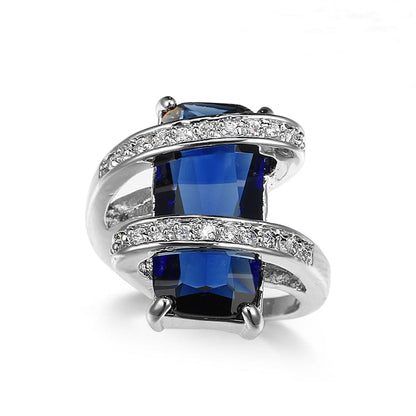 Navy Crystal and Cubic Zirconia Pavé Wrap Emerald-Cut Ring, statement rings for women, botanical inspired, front view
