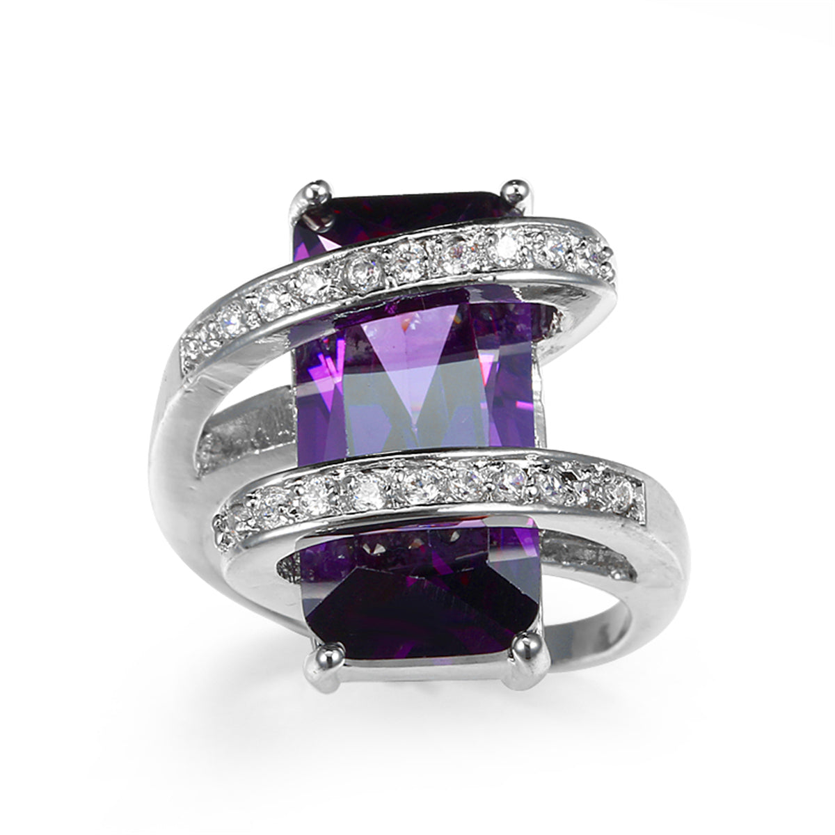 Purple Crystal and Cubic Zirconia Pavé Wrap Emerald-Cut Ring, statement rings for women, vintage-inspired design, front view