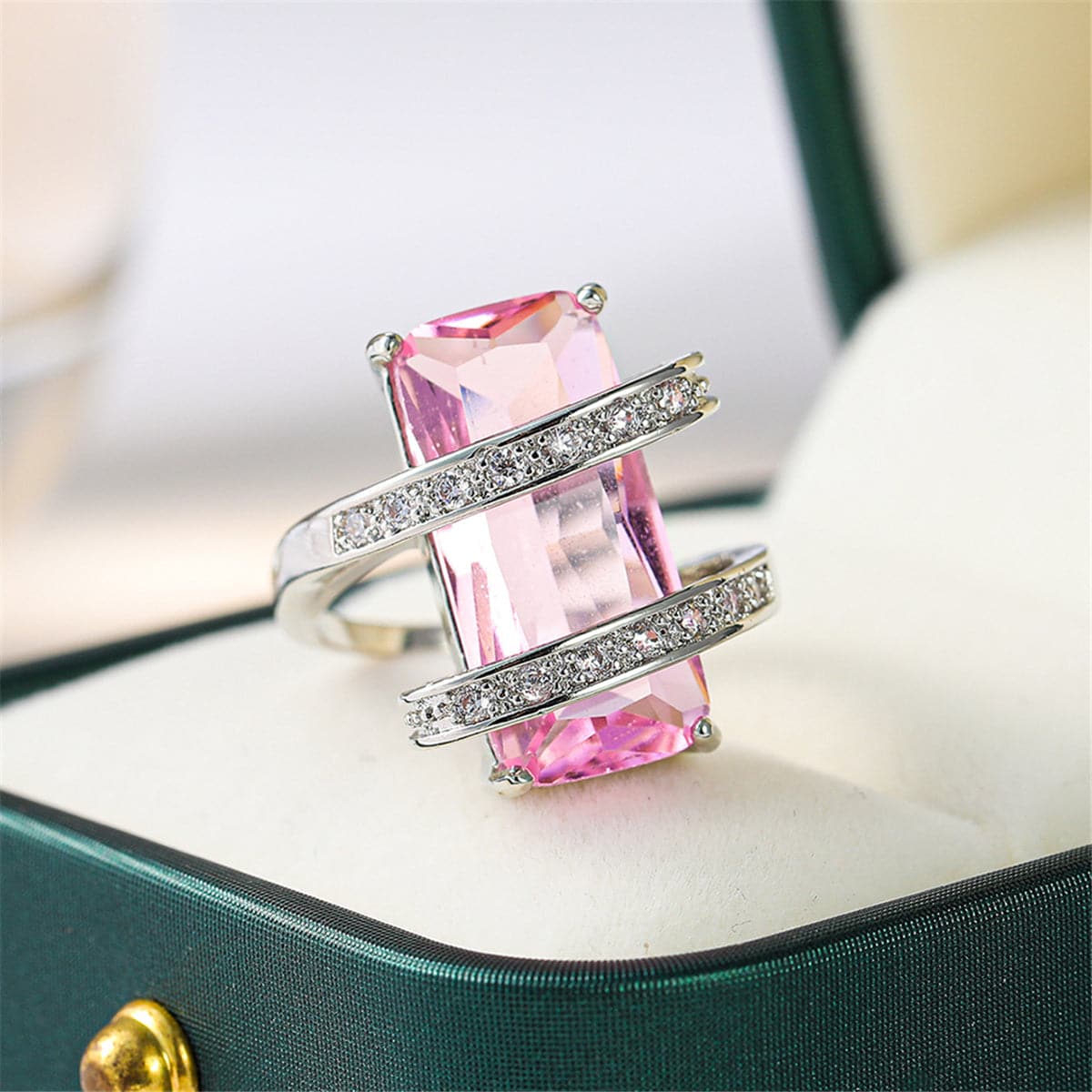 Pink Crystal and Cubic Zirconia Geometric Ring, statement rings for women, vintage-inspired design, detail close-up
