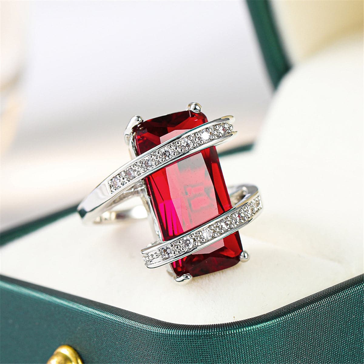 Red Crystal and Cubic Zirconia Geometric Ring, statement rings for women, everyday style, detail close-up
