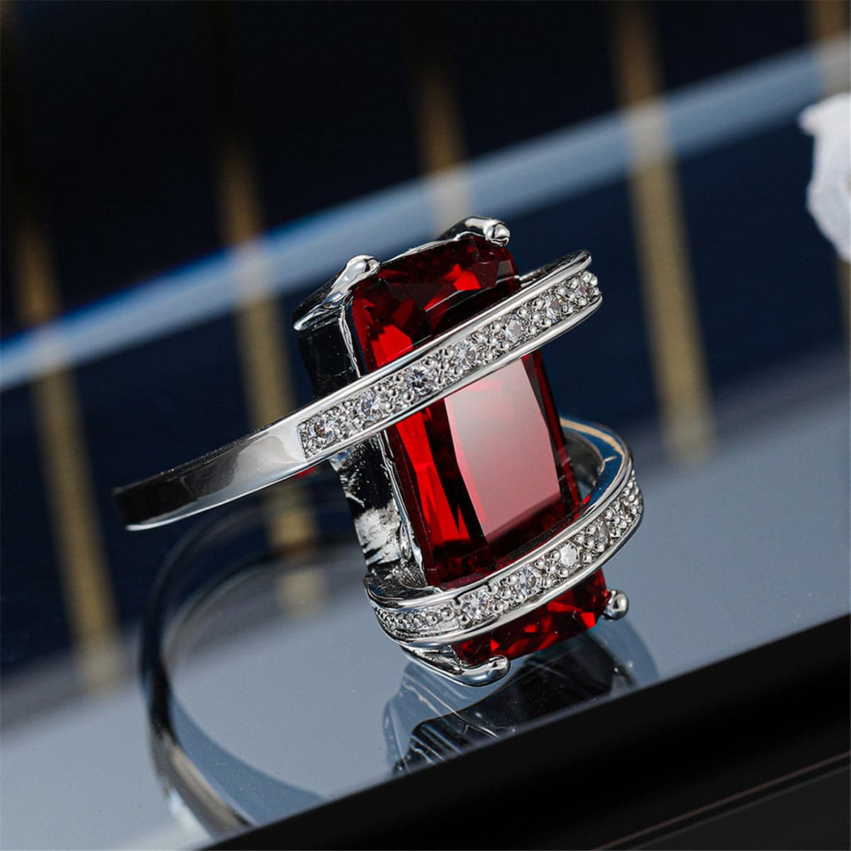 Red Crystal and Cubic Zirconia Geometric Ring, statement rings for women, everyday style, lifestyle look