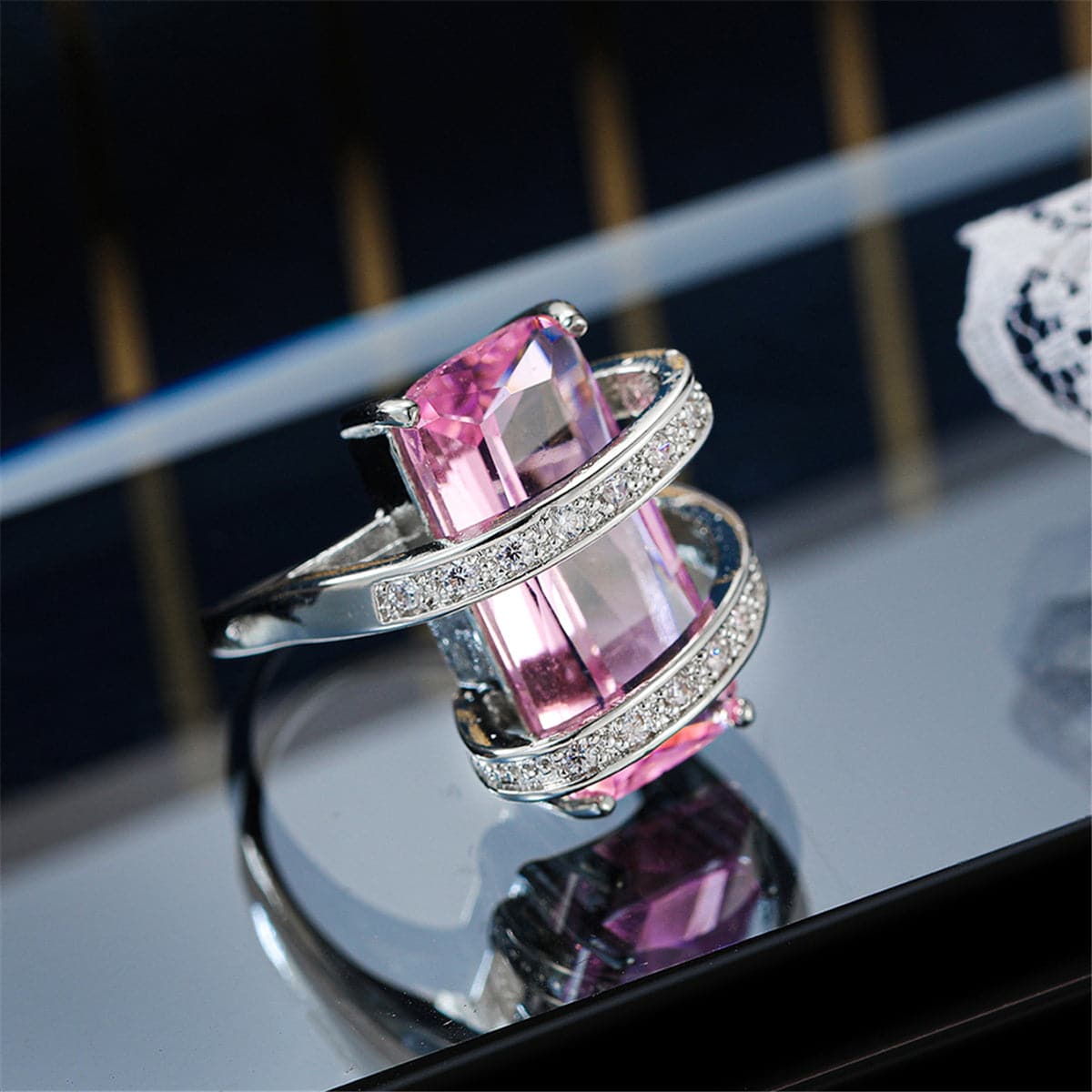 Pink Crystal and Cubic Zirconia Geometric Ring, statement rings for women, vintage-inspired design, lifestyle look