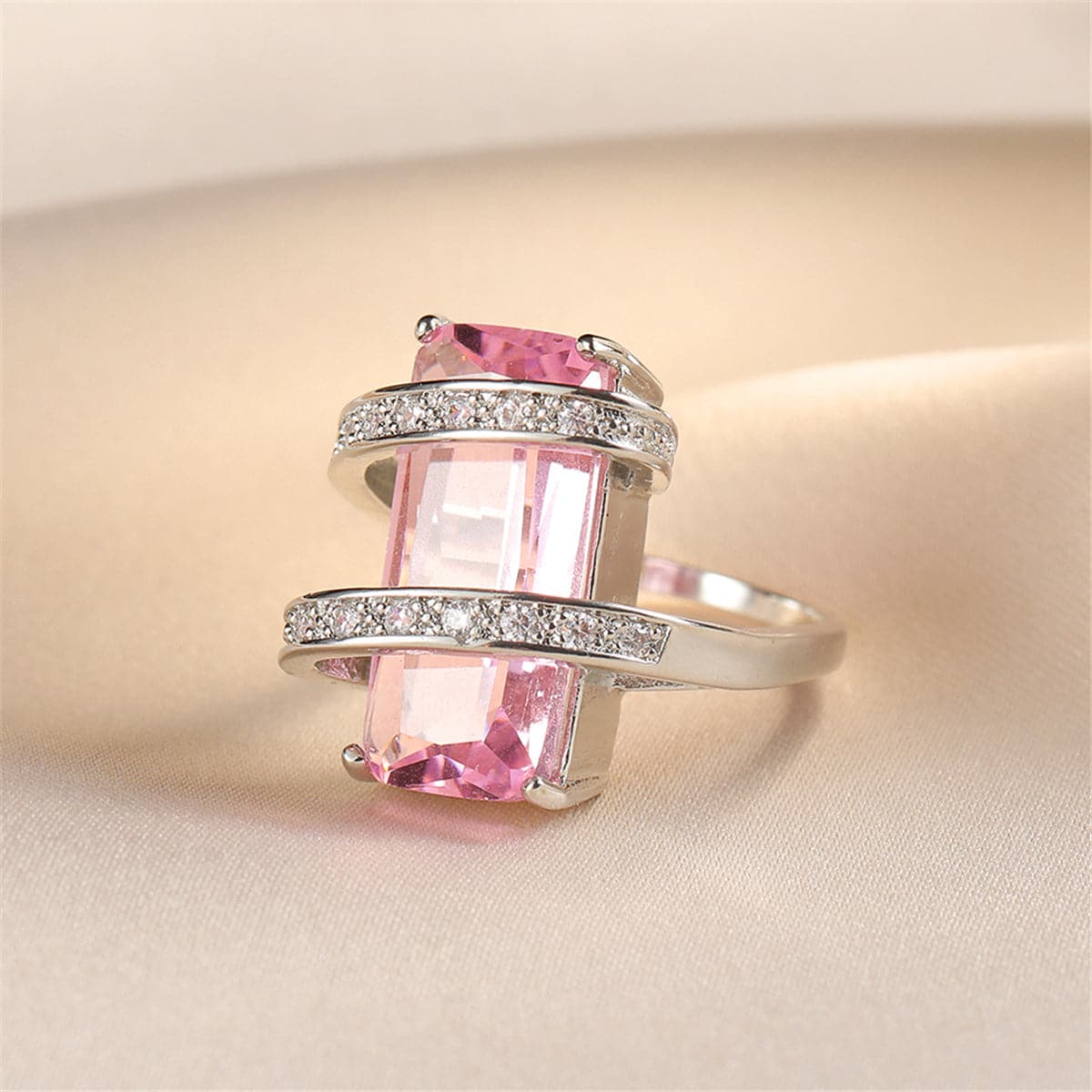 Pink Crystal and Cubic Zirconia Geometric Ring, statement rings for women, vintage-inspired design, front view