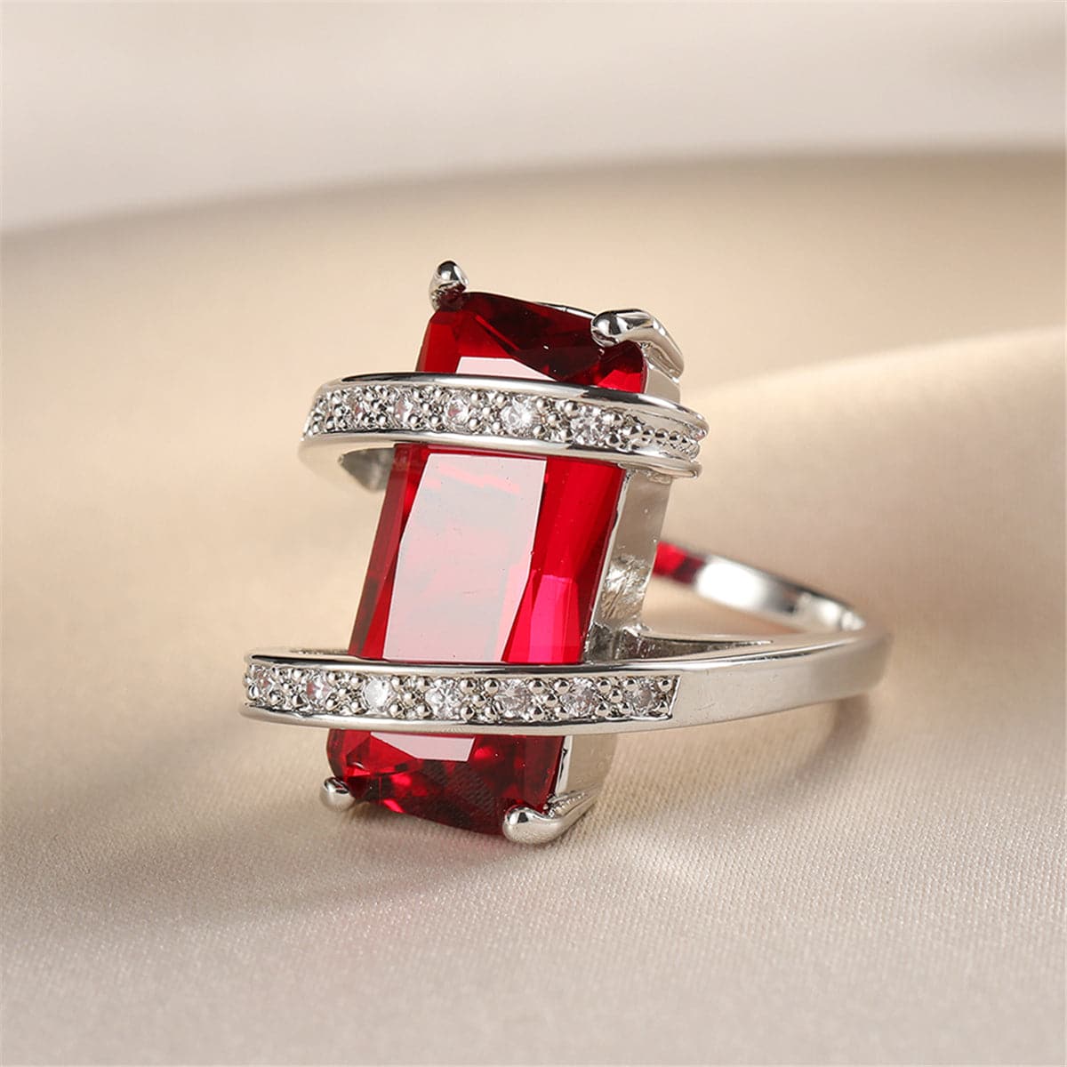 Red Crystal and Cubic Zirconia Geometric Ring, statement rings for women, everyday style, front view