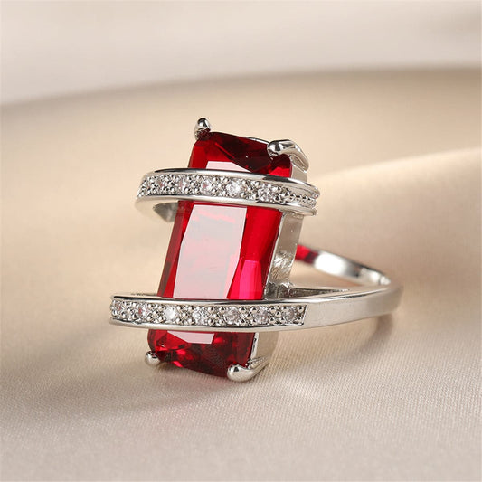 Red Crystal and Cubic Zirconia Geometric Ring, statement rings for women, everyday style, front view