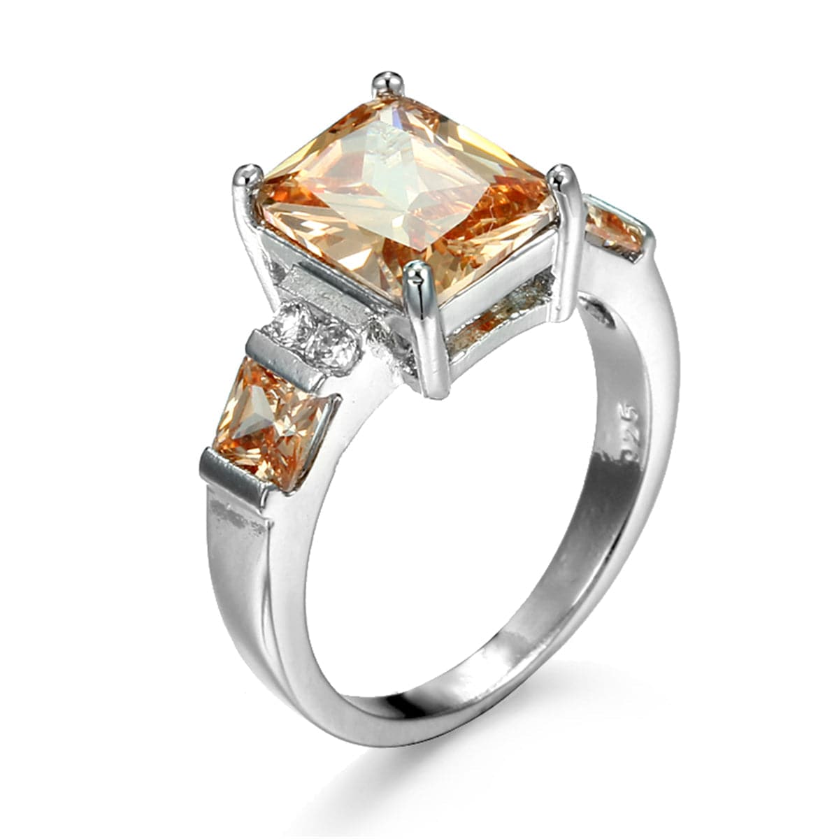 Champagne Crystal and Silver-Plated Princess-Cut Ring, silver statement rings for women, everyday style, styled look