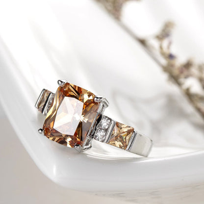 Champagne Crystal and Silver-Plated Princess-Cut Ring, silver statement rings for women, everyday style, side view
