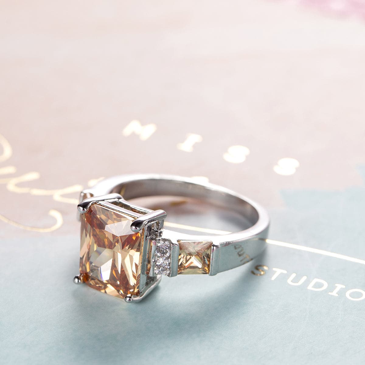 Champagne Crystal and Silver-Plated Princess-Cut Ring, silver statement rings for women, everyday style, front view