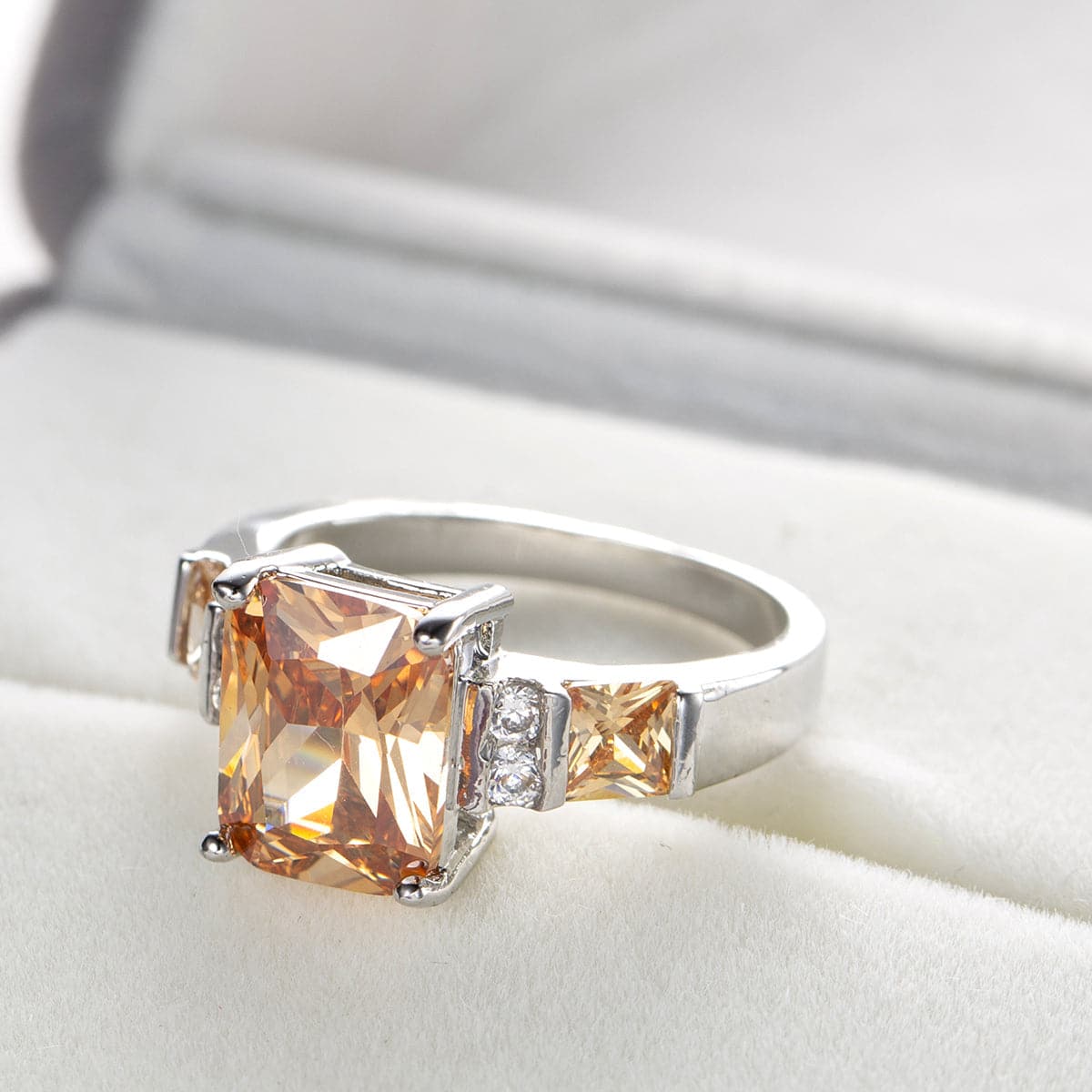 Champagne Crystal and Silver-Plated Princess-Cut Ring, silver statement rings for women, everyday style, detail close-up