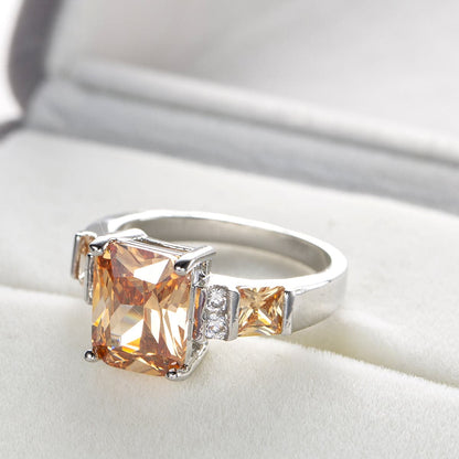 Champagne Crystal and Silver-Plated Princess-Cut Ring, silver statement rings for women, everyday style, detail close-up