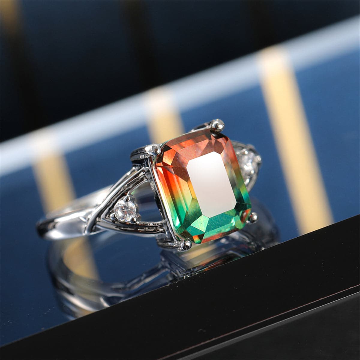 Green Crystal and Cubic Zirconia Cushion Openwork Ring, statement rings for women, vintage-inspired design, lifestyle look