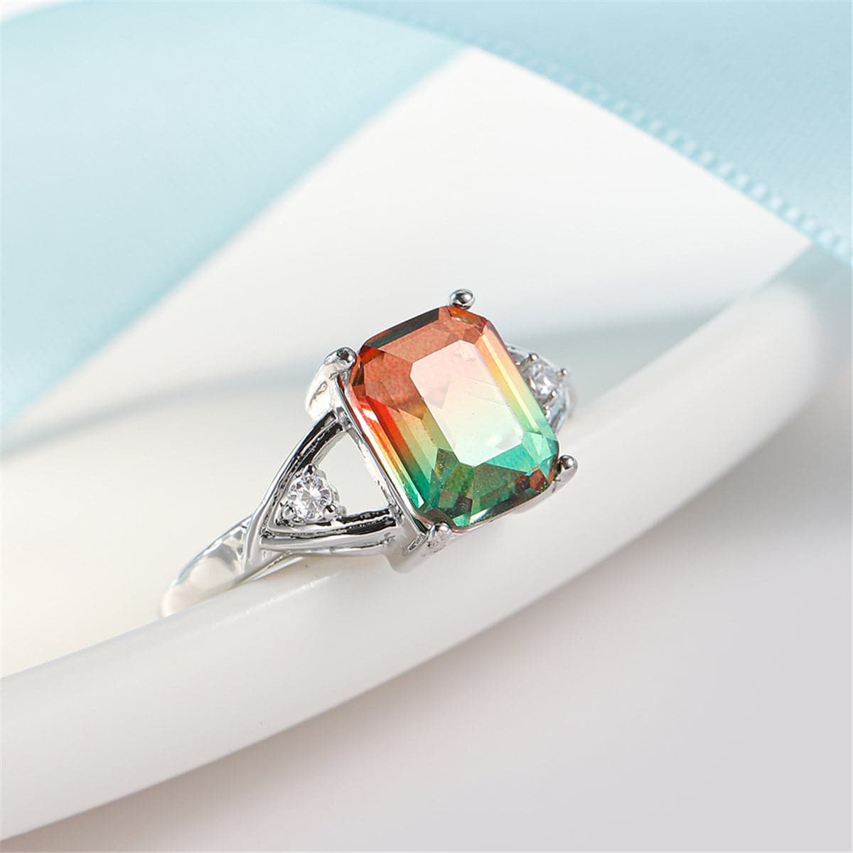 Green Crystal and Cubic Zirconia Cushion Openwork Ring, statement rings for women, vintage-inspired design, front view