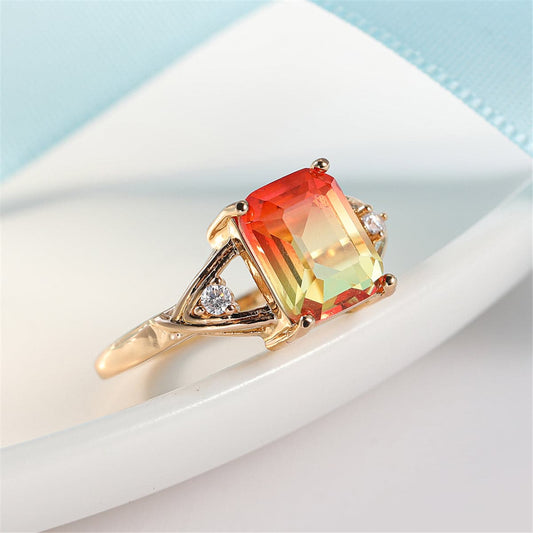 Yellow Crystal and Cubic Zirconia Cushion Openwork Ring, statement rings for women, everyday style, front view