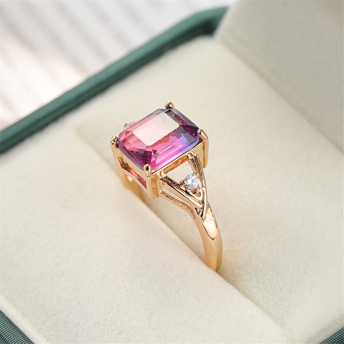 Rose Crystal and Cubic Zirconia Cushion Openwork Ring, statement rings for women, vintage-inspired design, detail close-up