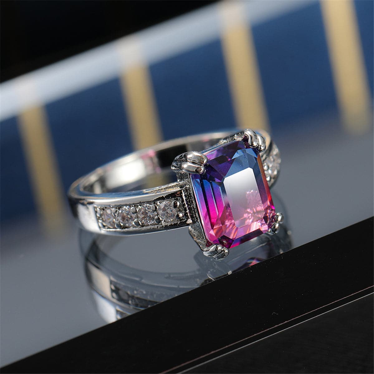 Rose Crystal & Cubic Zirconia Rectangle Double-Prong Ring
