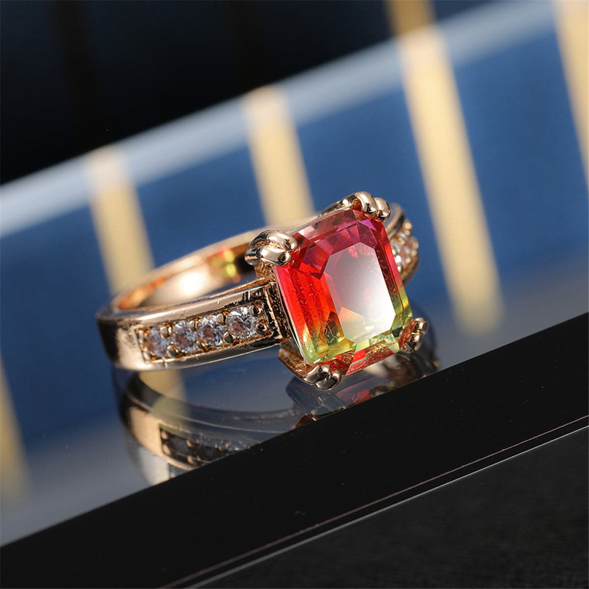 Red Crystal and Cubic Zirconia Rectangle Double-Prong Ring, statement rings for women, elegant gift for her, lifestyle look