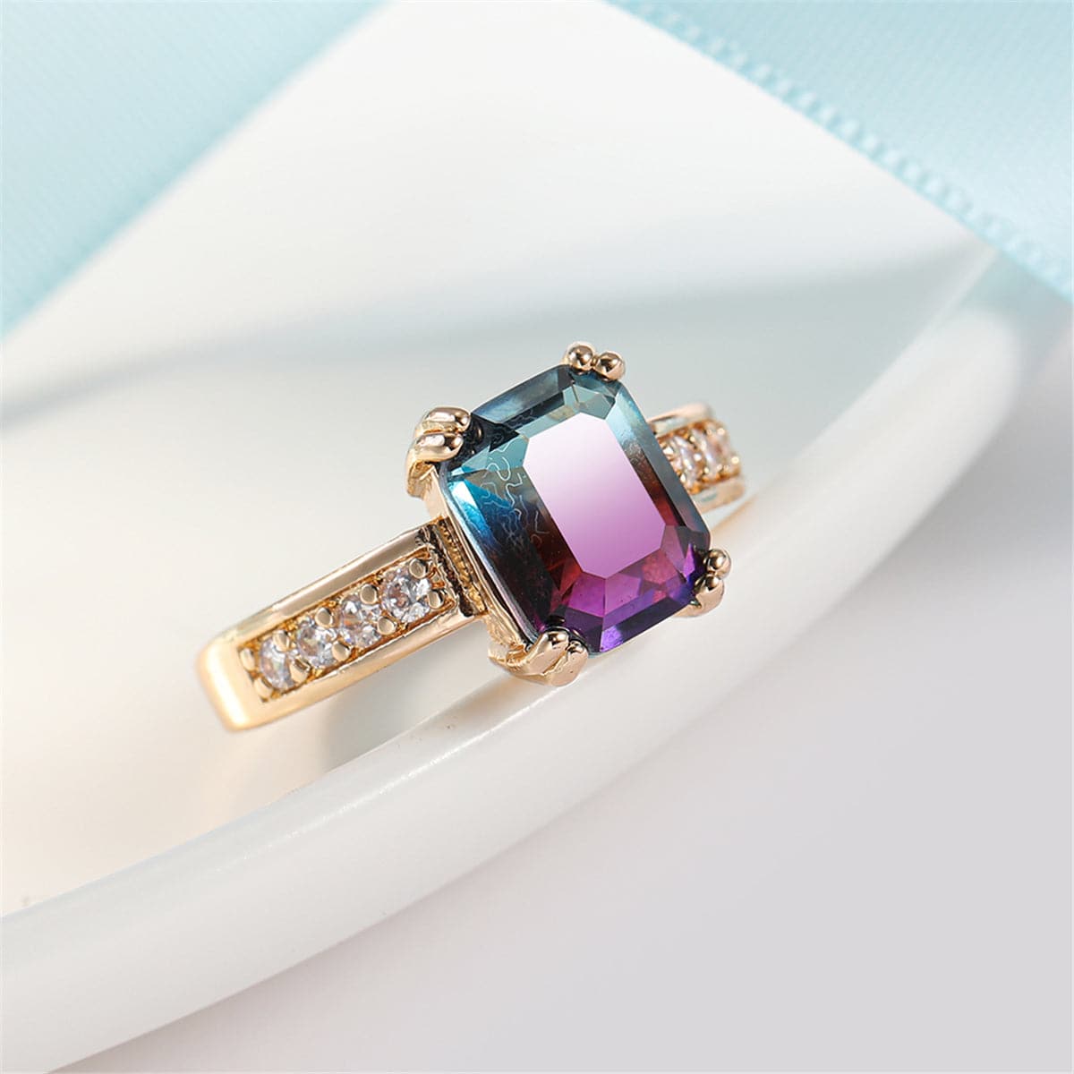 Purple Crystal and Cubic Zirconia Rectangle Double-Prong Ring, statement rings for women, front view