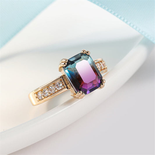 Purple Crystal and Cubic Zirconia Rectangle Double-Prong Ring, statement rings for women, front view