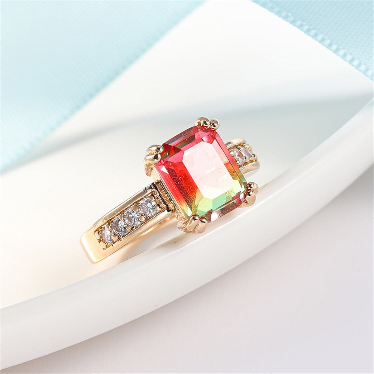 Red Crystal and Cubic Zirconia Rectangle Double-Prong Ring, statement rings for women, elegant gift for her, side view