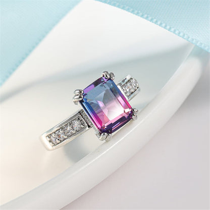 Rose Crystal and Cubic Zirconia Rectangle Double-Prong Ring, statement rings for women, botanical inspired, front view